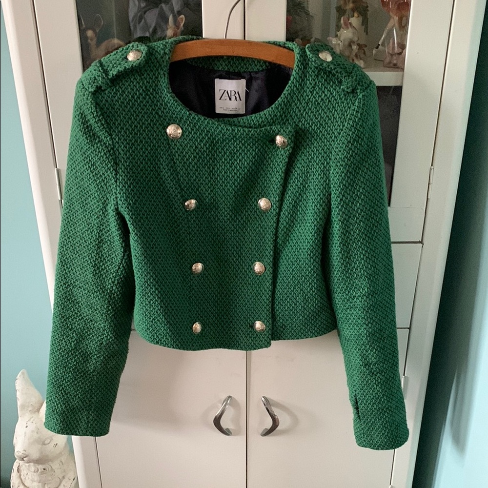 Zara Green Textured Blazer with Silver Buttons